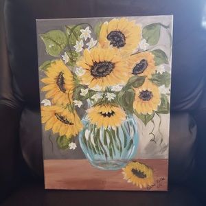 Sunflowers in blue vase 12 x 16 painting on canvas